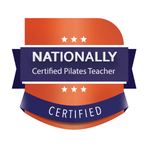 Nationally Certified Pilates Teacher badge with red and blue design